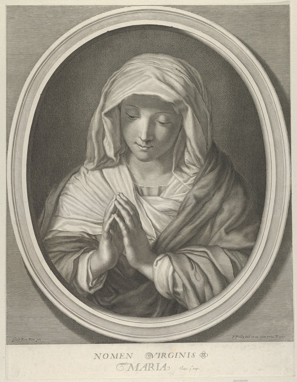 A Virgem em oração olhando para baixo, em uma moldura oval, depois de Reni, 1640-93. de François de Poilly