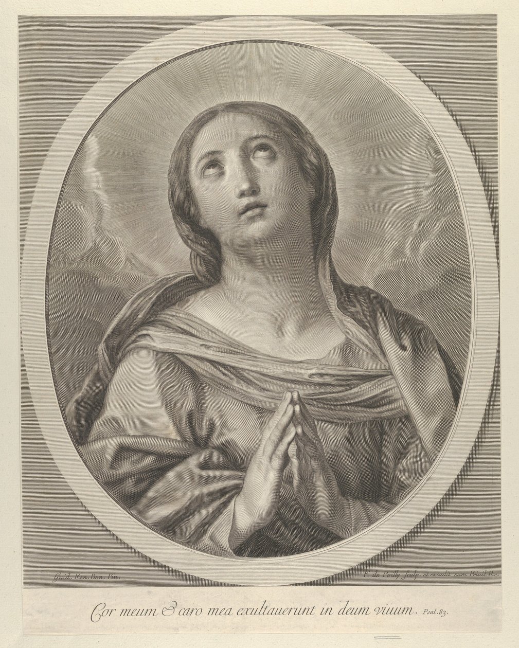 A Virgem em oração, olhando para cima com nuvens atrás dela, em uma moldura oval, depois de Reni, ..., 1648-81. de François de Poilly