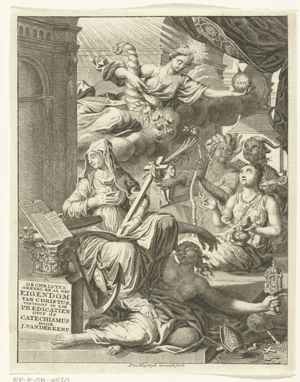 Alegoria com personificações femininas de, entre outras coisas, a verdade e virtudes e vícios Página de rosto para: Johannes van der Kemp, O cristão totalmente possuído por Cristo na vida e na morte, mostra em cinquenta e três sermões sobre o Santo de François van Bleyswijck