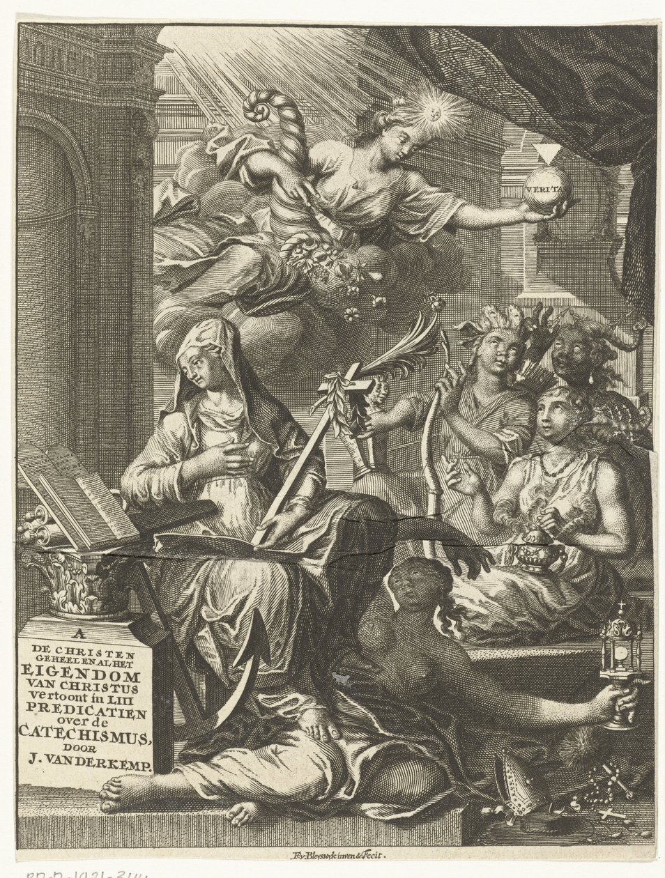 Alegoria com personificações femininas da verdade e possivelmente virtudes e vícios, entre outros
Página de título para: Johannes van der Kemp, O cristão total e inteiramente propriedade de Cristo em vida e morte, mostrado em cinquenta e três sermões o de François van Bleyswijck