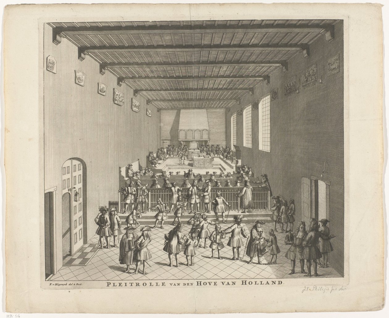 Tribunal da Holanda em sessão, c. 1700
Pleitrolle van den Hove van Holland (título sobre o objecto) de François van Bleyswijck