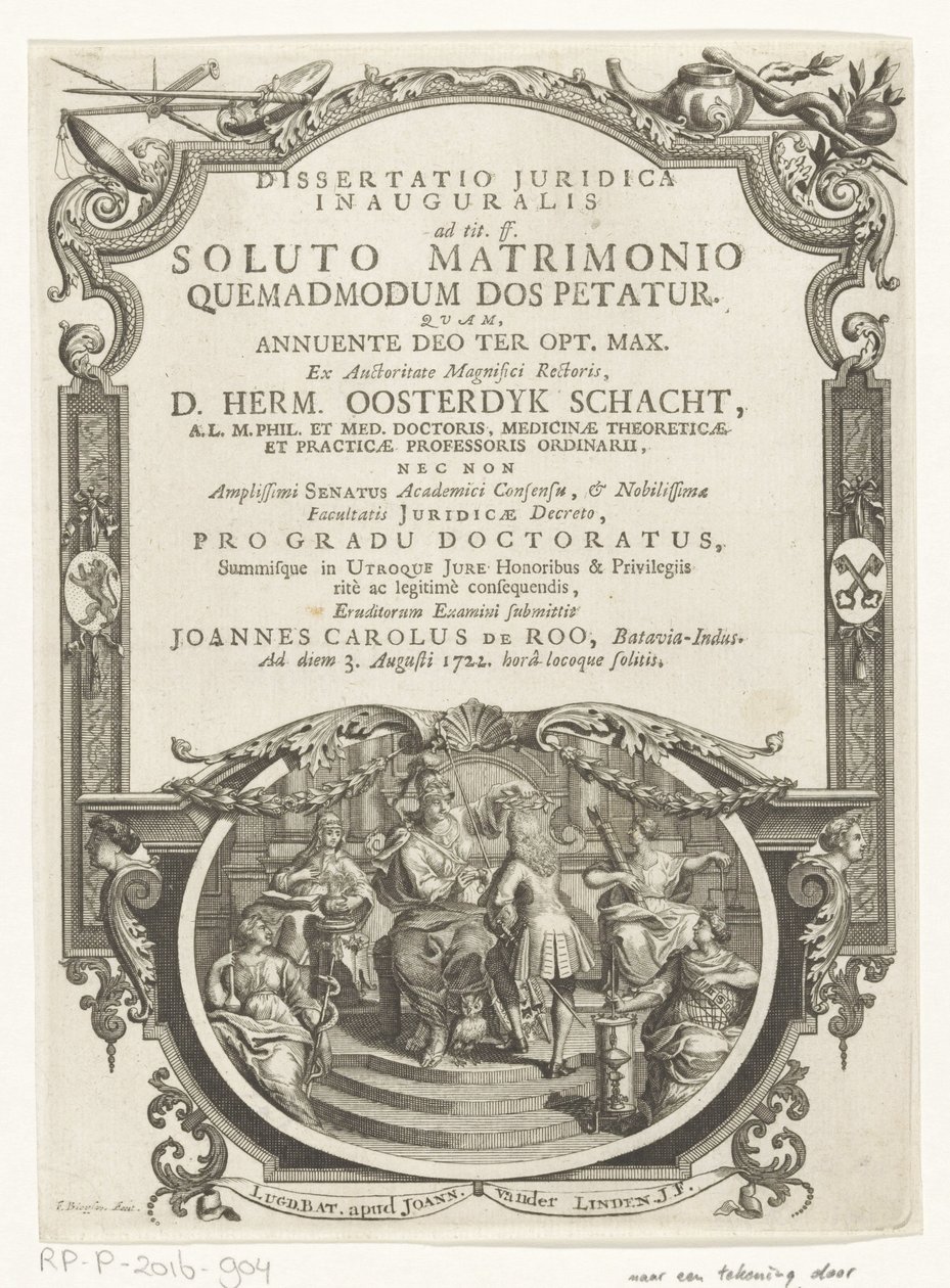 Minerva Lauwert Schrijver Título da página: Johannes Carolus de Roo, Dissertatio juridica inauguralis, ad tit. ss. depois de um casamento dissolvido, como é pedido o dote, 1722 de François van Bleyswijck