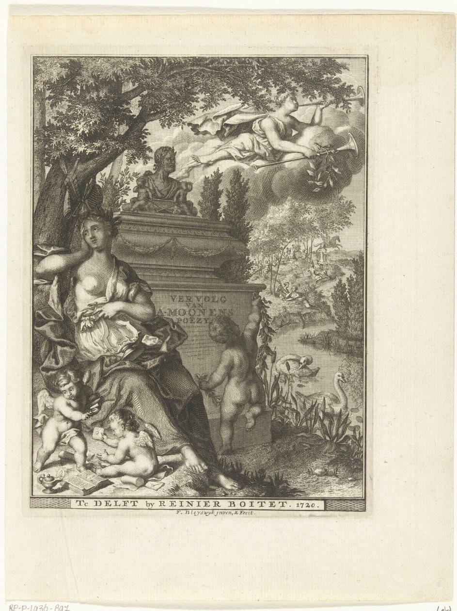 Musa e putti sentar-se no monumento de sepultura do poeta Arnold Moonen
Página de título para: Arnold Moonen, Vervolg der poëzye, Delft 1720
Continuação da Poesia de A. Moonen (título sobre o objecto) de François van Bleyswijck