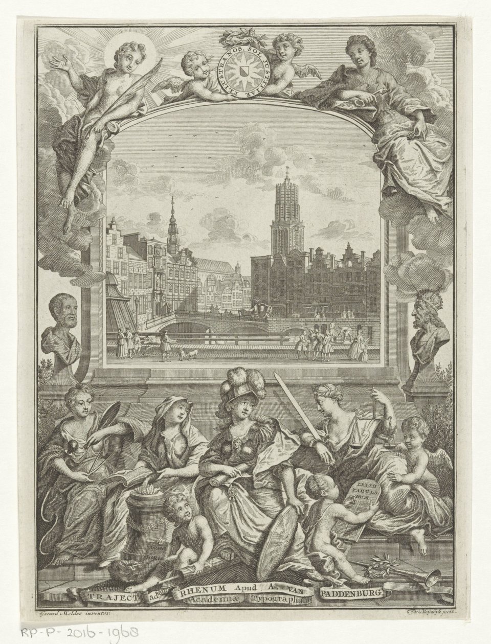Paisagem urbana com Dom Church em Utrecht e alegoria com Minerva e virtudes de François van Bleyswijck