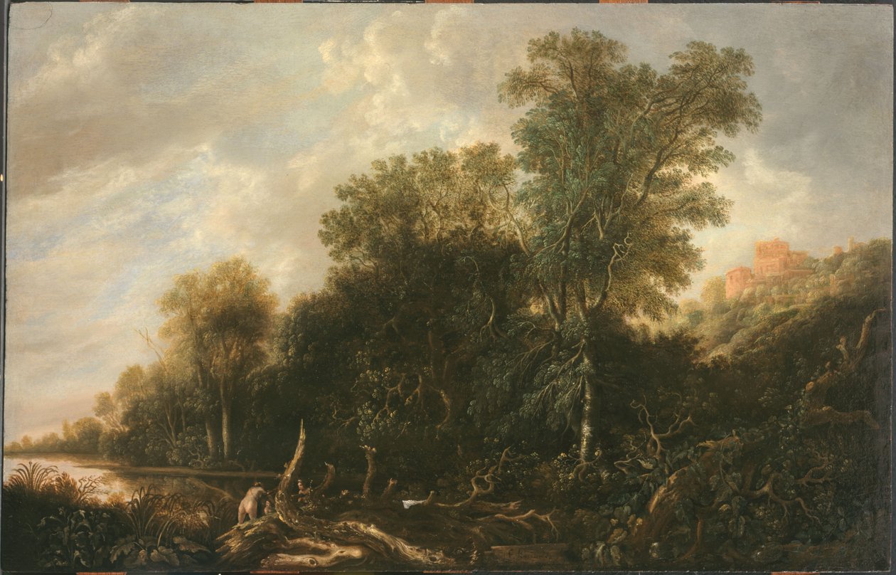 Paisagem arborizada com mulheres a tomar banho de François van Knibbergen