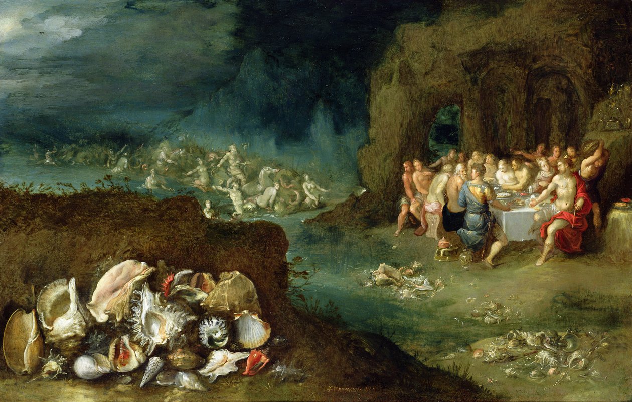 Ainda vida de conchas com a Festa dos Deuses, c.1615 (óleo sobre cobre) de Frans II Francken the Younger