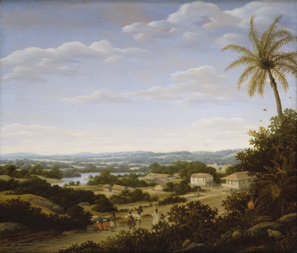 Paisagem brasileira com nativos em uma estrada que se aproxima de uma aldeia, 1665 de Frans Post