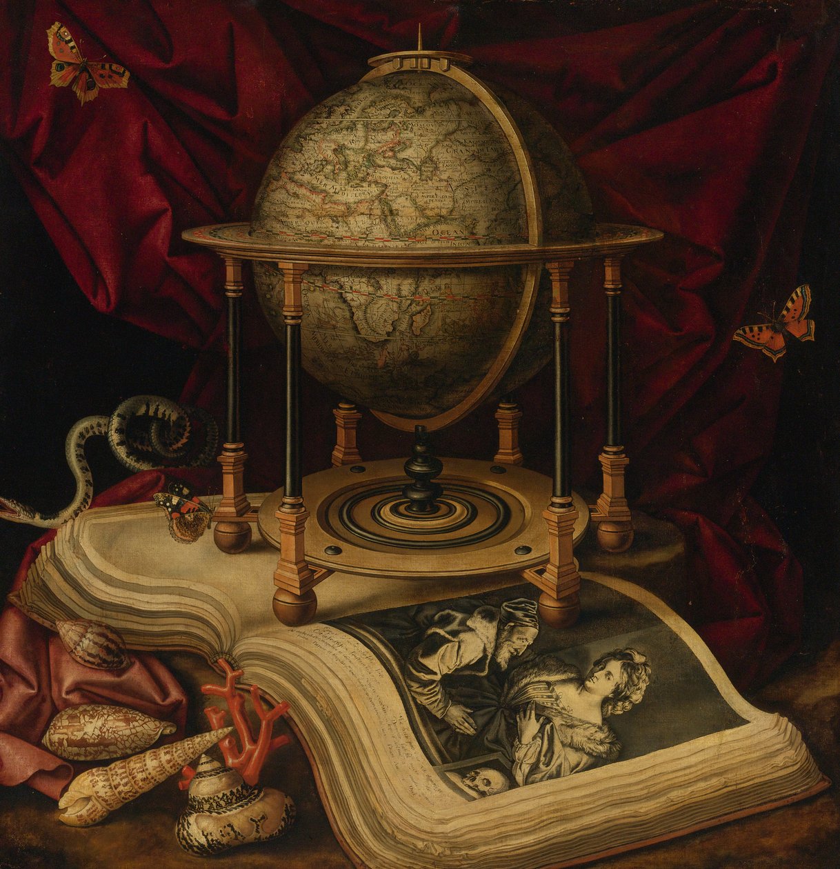 Vanitas ainda vida com globo celestial, um livro, conchas, uma cobra e borboletas de Frans Luycx