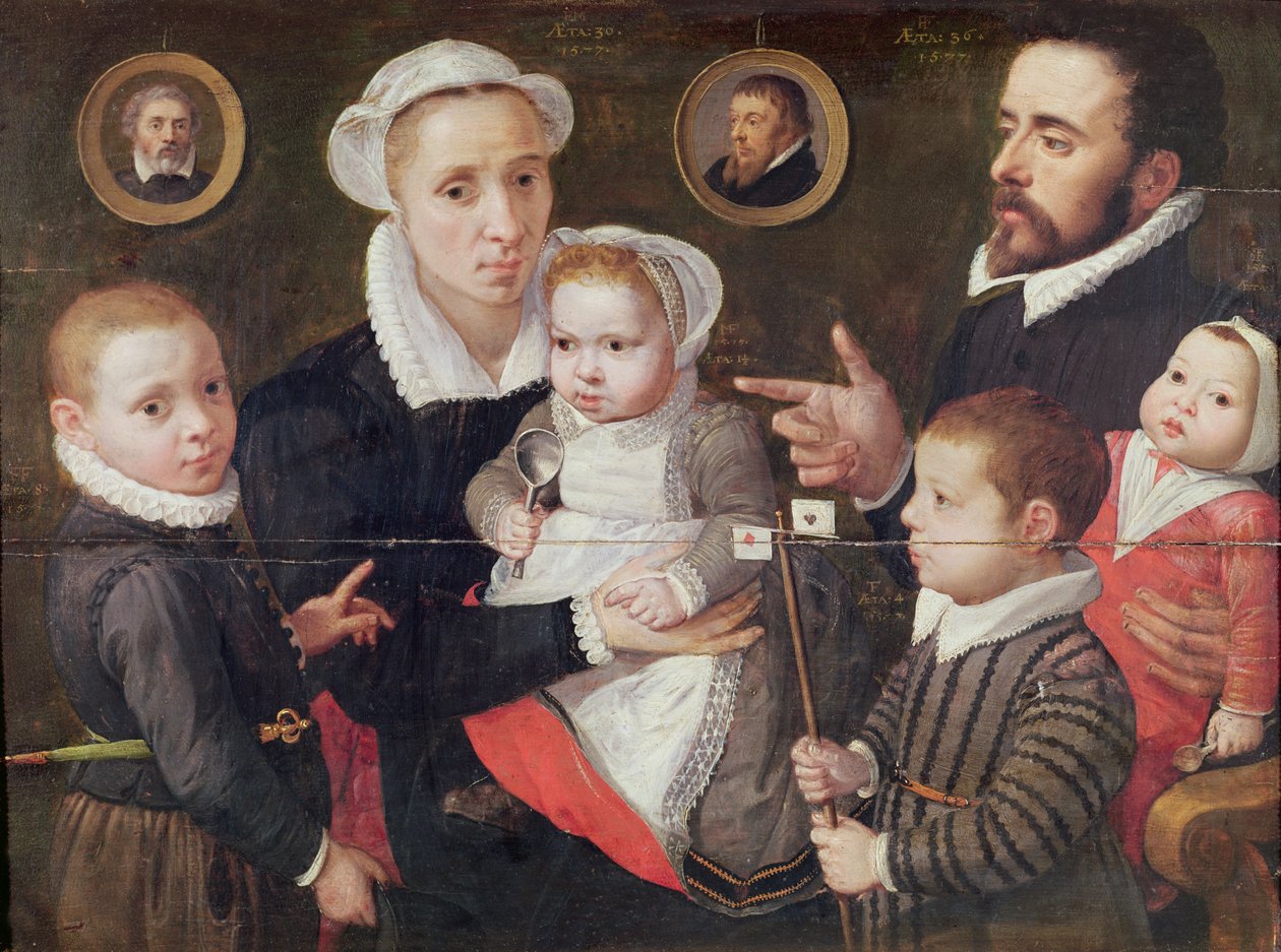Retrato de uma família: pais com seus filhos e antepassados, 1577 de Frans Menton d