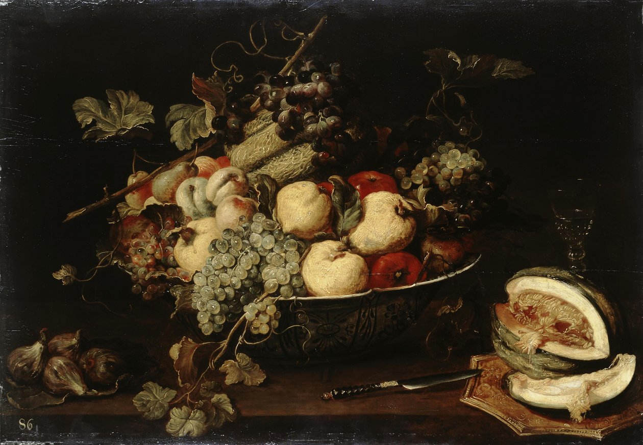 Frutas em uma tigela e um melão fatiado de Frans Snyders or Snijders