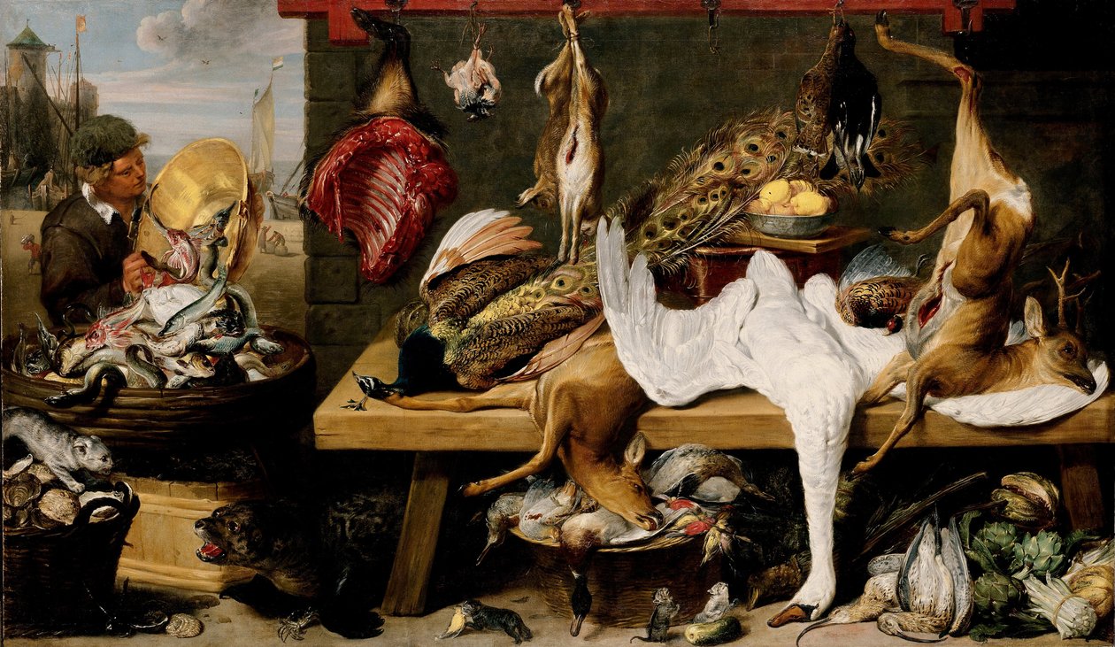 Cena do mercado em um cais de Frans Snyders or Snijders