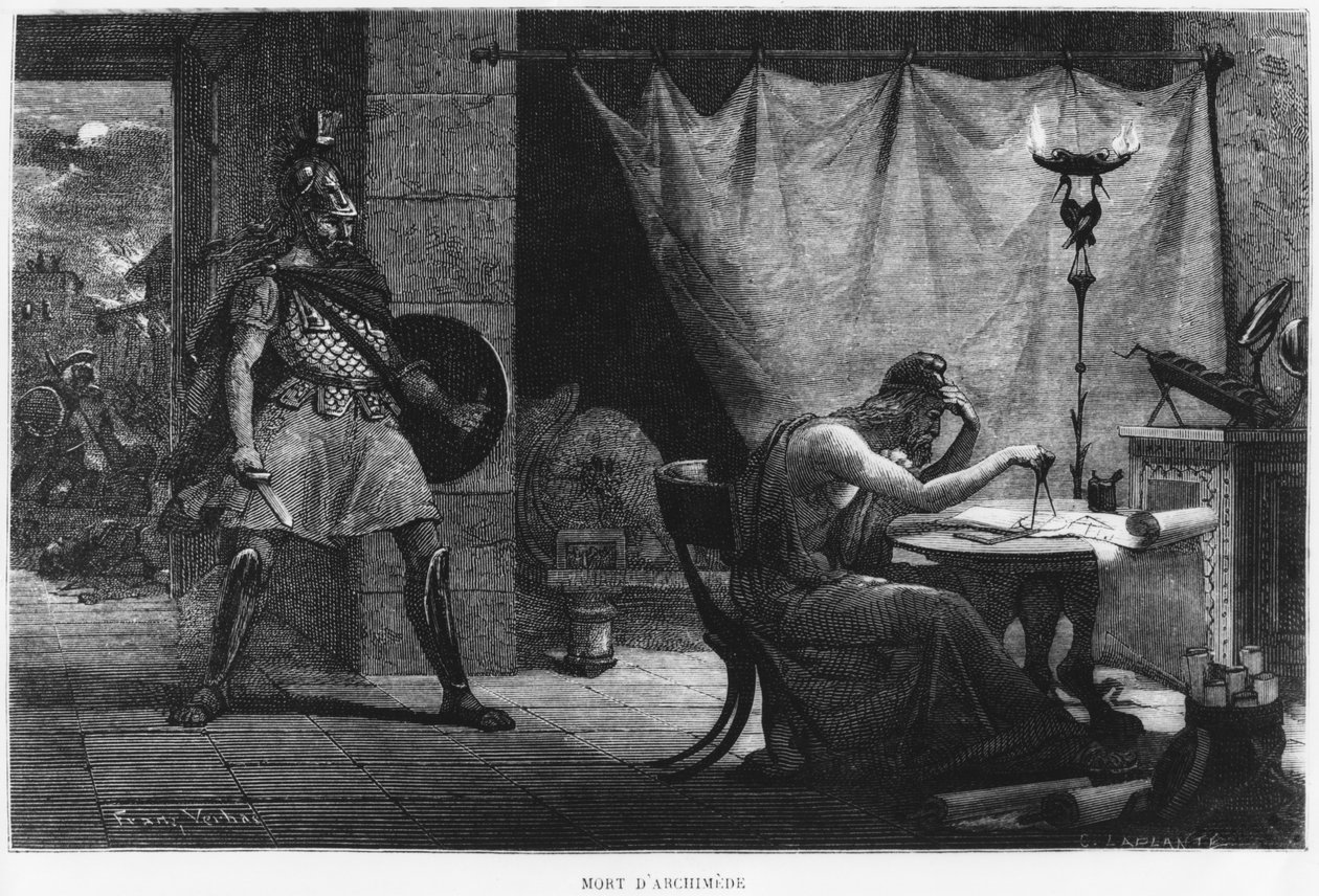 Morte de Arquimedes, ilustração de "A vida de cientistas ilustres" por Louis Figuier, gravada por Charles Laplante (d.1903) Paris, publicada em 1872 de Jan Frans Verhas