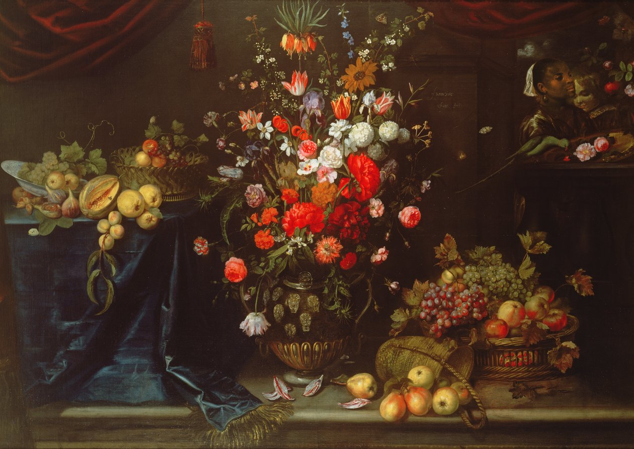 Uma natureza morta de flores de verão em uma urna esculpida de Eykens or Ijkens Ykens