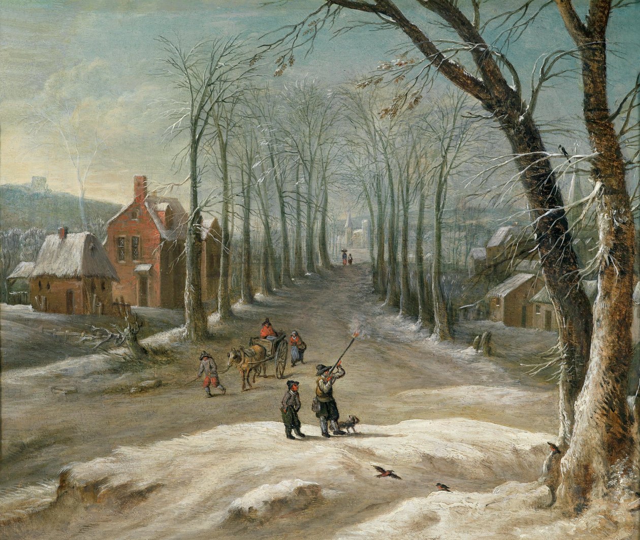 Paisagem do inverno com os homens caçando pássaros e compradores do mercado de Frans de Momper