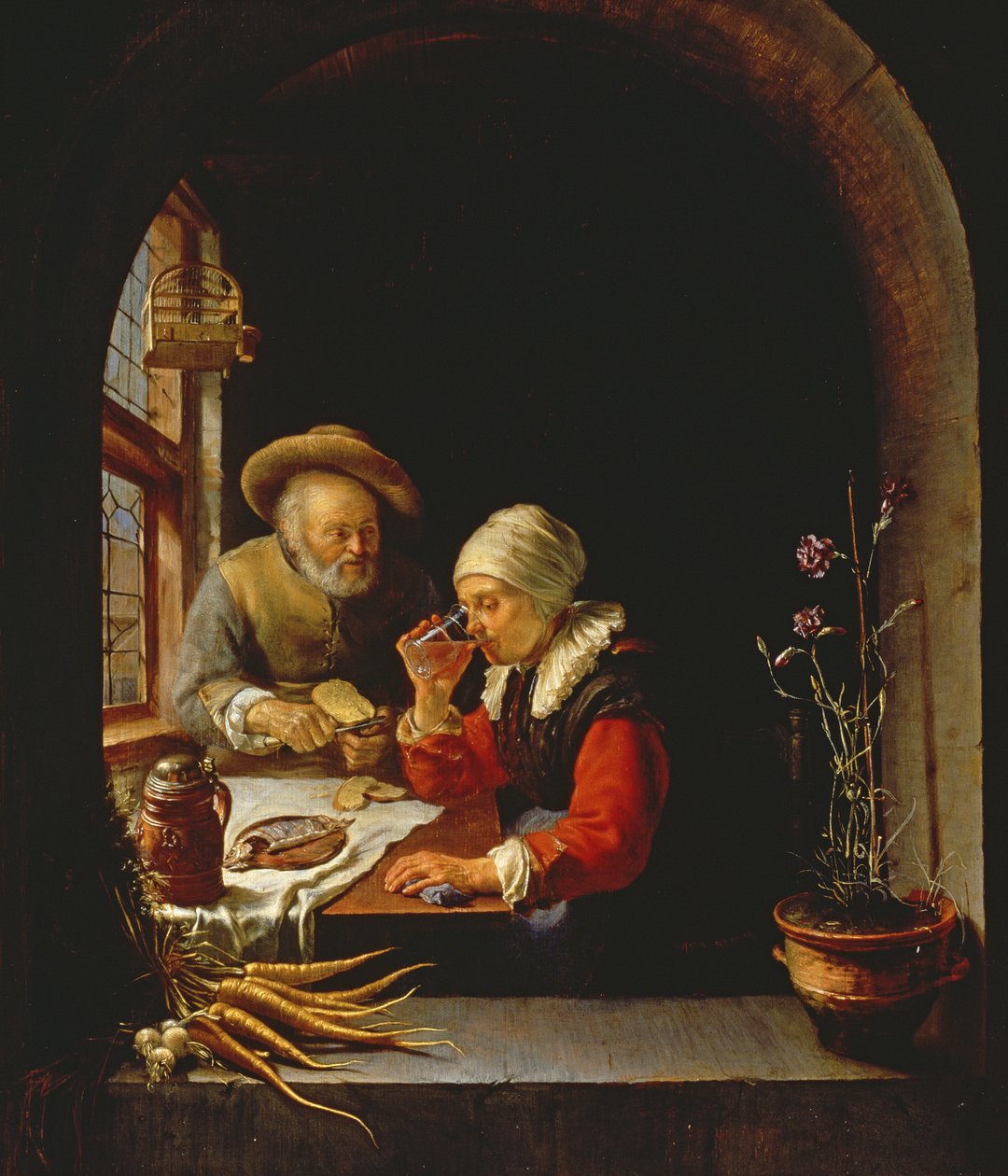 Um, par idoso, comer, (panel) de Frans van Mieris