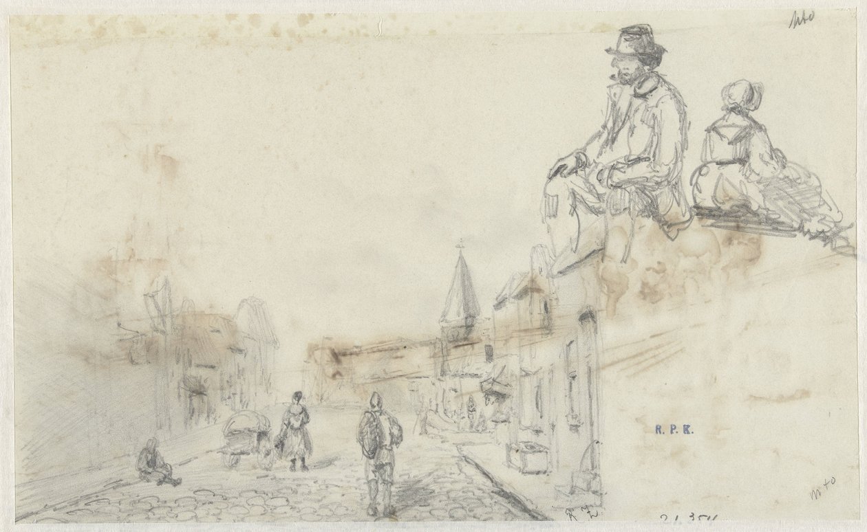 Esboços de uma rua e de duas pessoas sentadas de Frans Arnold Breuhaus de Groot