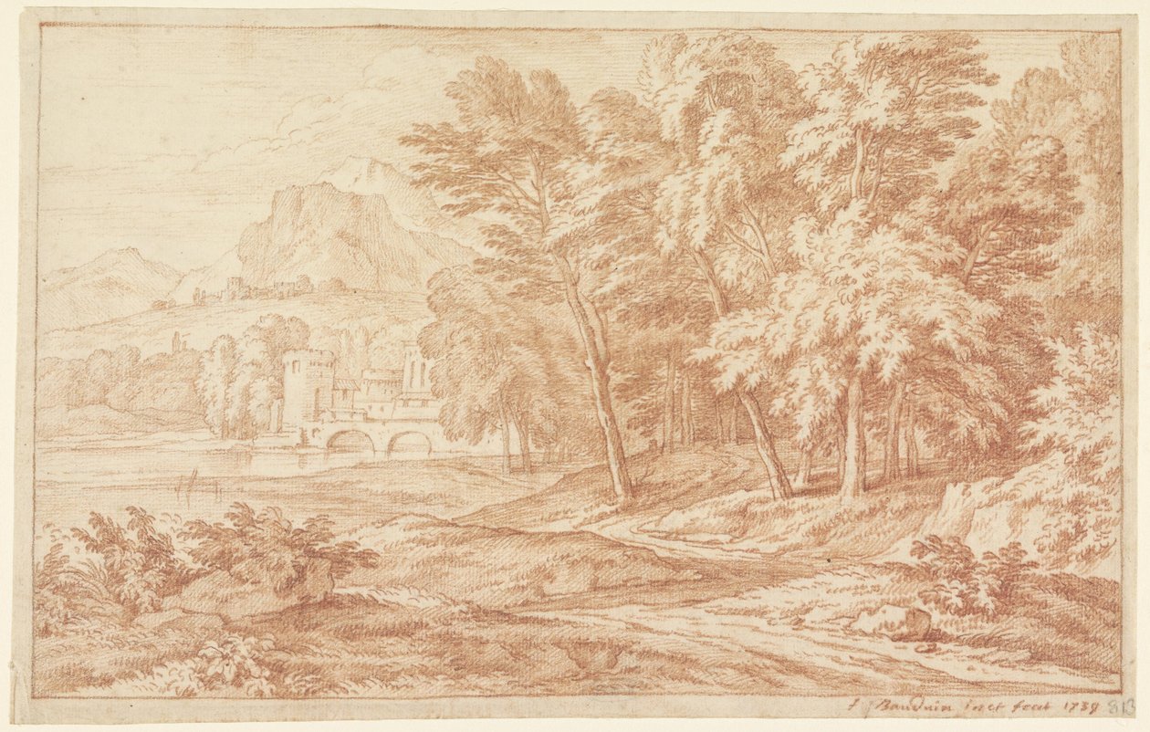 Paisagem com rio e ponte com torre redonda de Frans Boudewijns