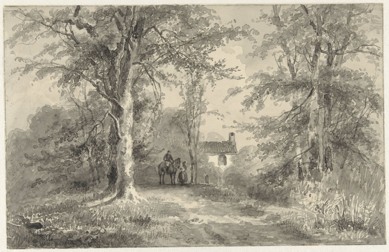 Avenida entre árvores com cavaleiro e mulher de Frans Breuhaus de Groot