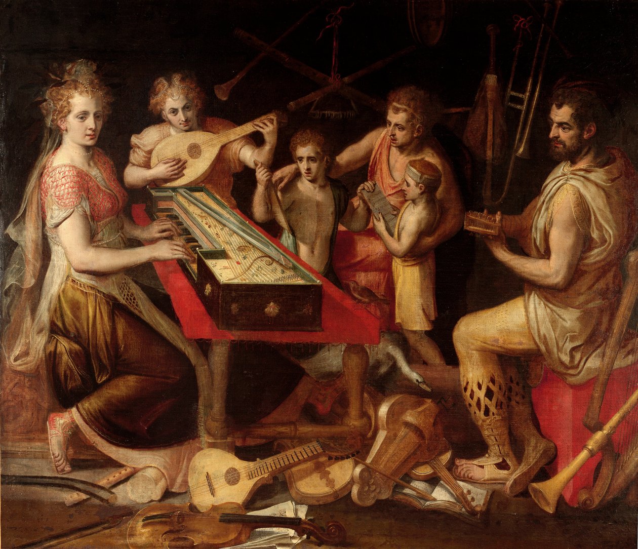 Music Characters vetus tem o antigo ambiente de instrumentos musicais que compõem uma alegoria. Pintura de Frans Floris (1515-1570) Genes do século XVI, coleção particular de Frans Floris