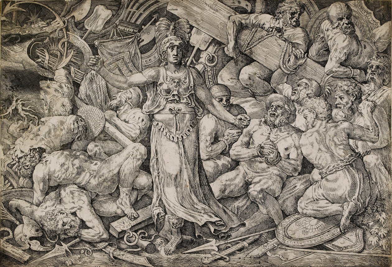 Victoria cercada por prisioneiros e troféus, 1552. de Frans Floris