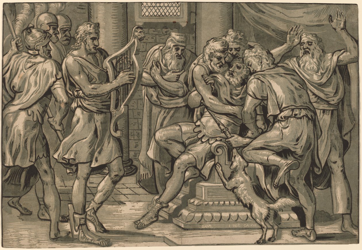 Davi tocando harpa diante de Saul de Frans Floris I