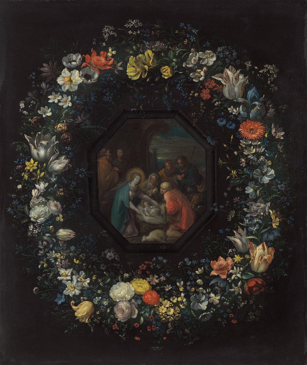 Guirlanda de Flores com Adoração dos Pastores de Frans Francken the Younger and Master HDB