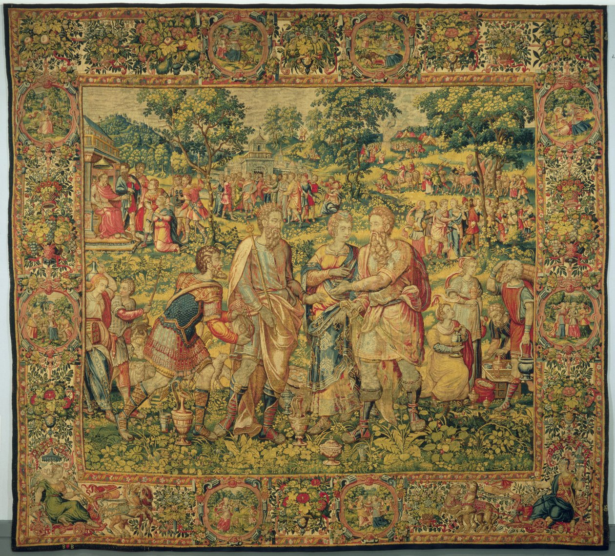Rei Abimeleque restaura Sara a seu marido, Abraão, 1580 (tapeçaria, lã e seda) de Frans Geubels