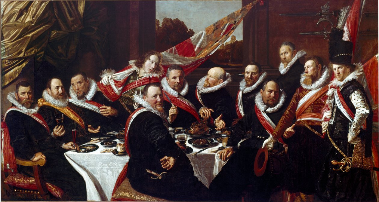 O Banquete dos Oficiais do Corpo de Arqueiros de São Jorge de Haarlem Pintura de Franz Hals (ca. 1580-1666) 1616 Sol. 170 x120 cm Haarlem, Museu Frans Hals, Holanda de Frans Hals