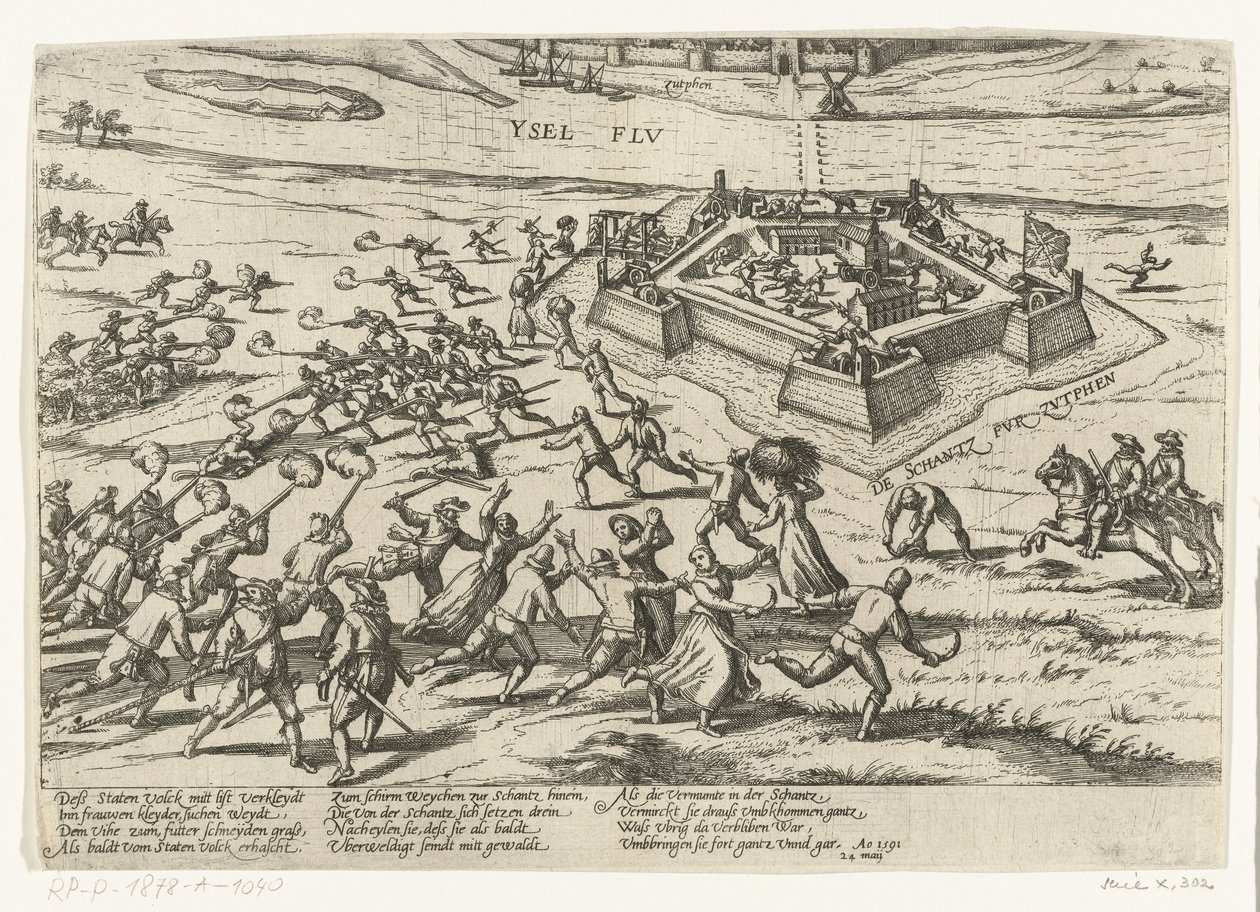 Tomando o reduto em Zutphen, 1591 Série 10: Eventos Holandeses e Estrangeiros, 1587-1612 (título da série) de Frans Hogenberg (workshop of)