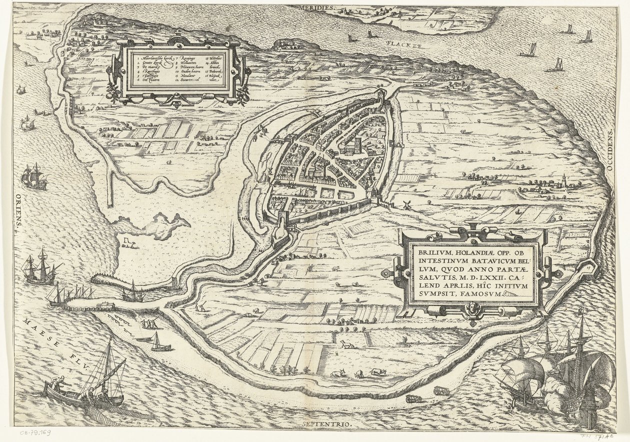 Mapa da ilha de Voorne e mapa de Brielle, 1572
Brilium, Holandiae opp. ob intestinum batavicum bellum, quod anno partae salutis M.D.LXXII. calend aprilis, hîc initium sumpsit, famosum (título sobre o objecto) de Frans Hogenberg