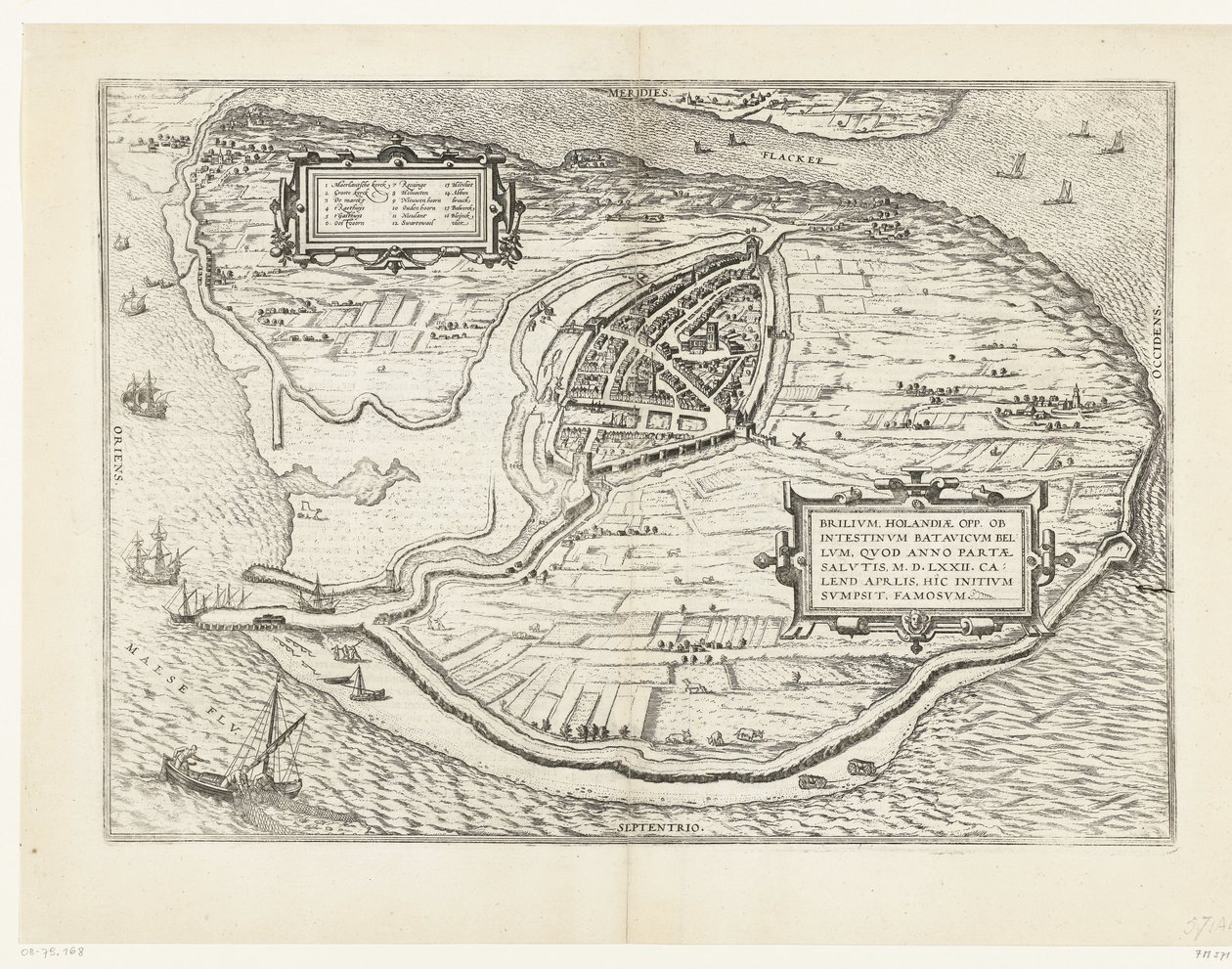 Mapa da ilha de Voorne e mapa de Brielle, 1572
Brilium, Holandiae opp. ob intestinum batavicum bellum, quod anno partae salutis M.D.LXXII. calend aprilis, hîc initium sumpsit, famosum (título sobre o objecto) de Frans Hogenberg