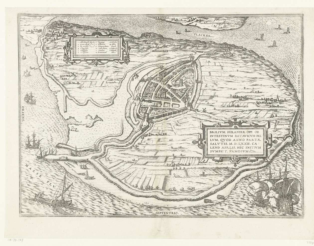 Mapa da ilha de Voorne e mapa de Brielle, 1572
Brilium, Holandiae opp. ob intestinum batavicum bellum, quod anno partae salutis M.D.LXXII. calend aprilis, hîc initium sumpsit, famosum (título sobre o objecto) de Frans Hogenberg