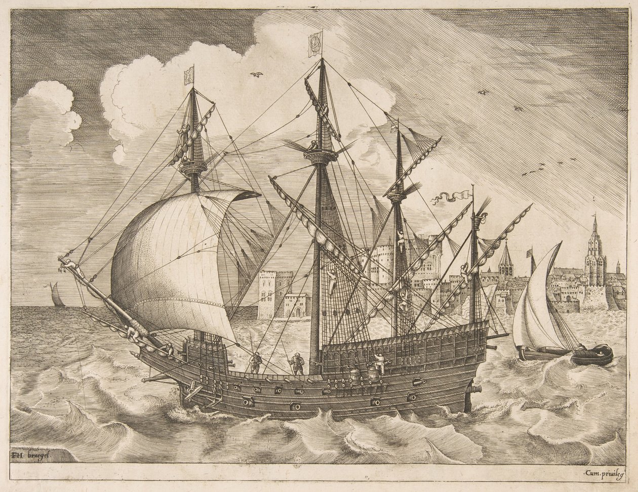 Quatro-mestre armado que põe no mar a partir dos navios à vela, ca. 1555-56. de Frans Huys