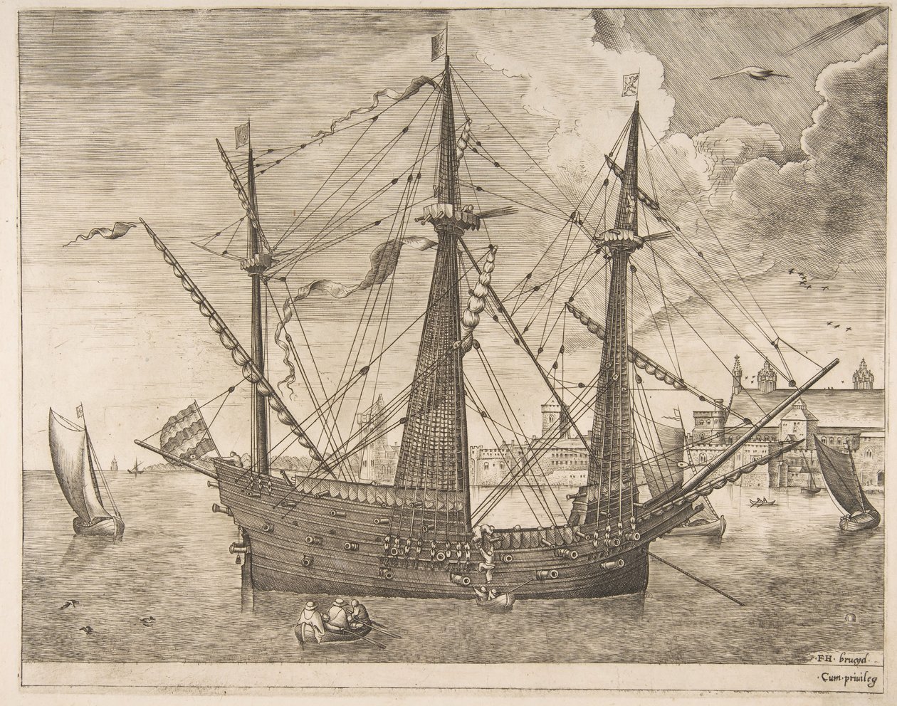 Três Mestres armados ancorados perto de uma cidade dos navios à vela, ca. 1555-56. de Frans Huys