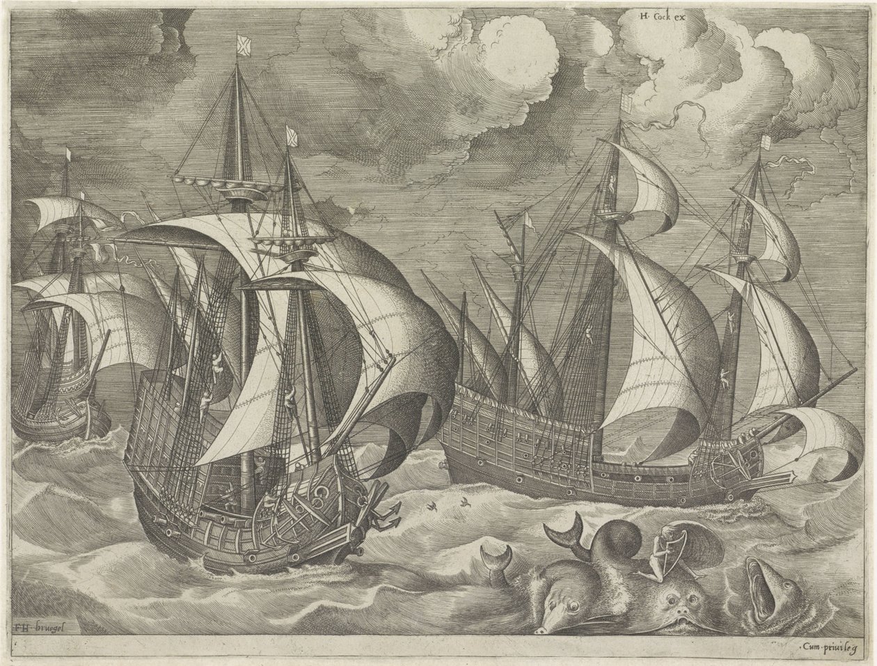Três navios de guerra, em primeiro plano Arion em um golfinho Veleiros (título da série) de Frans Huys