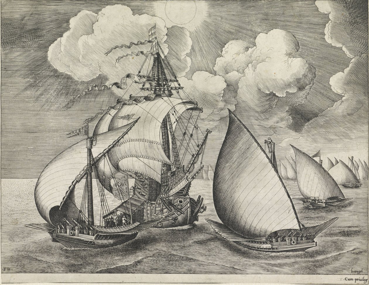 Uma frota de galeras armadas acompanhadas por um navio de guerra
Navios à vela (título da série) de Frans Huys