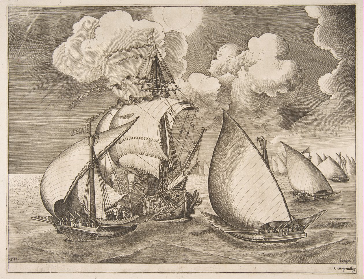 Frota de galés escoltada por uma caravela de The Sailing Vessels, 1561-65. de Frans Huys