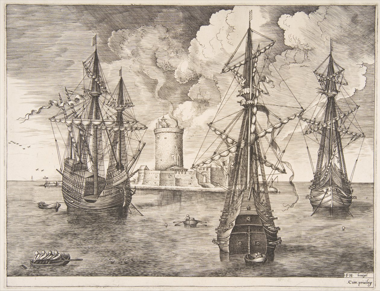 Quatro mestres e dois três mestres ancorados perto de uma ilha fortificada de The Sailing Ves ..., 1561-65. de Frans Huys