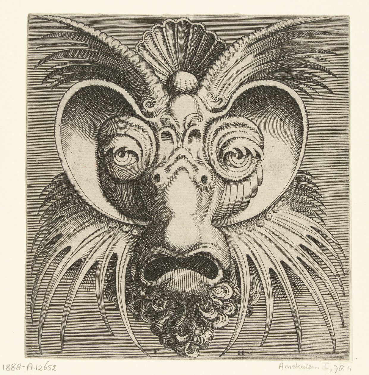 Máscara com pires à volta dos olhos e tufos pontiagudos nas bochechas e na testa
Pourtraicture ingenieuse de plusieurs facons de masques... (título da série) de Frans Huys