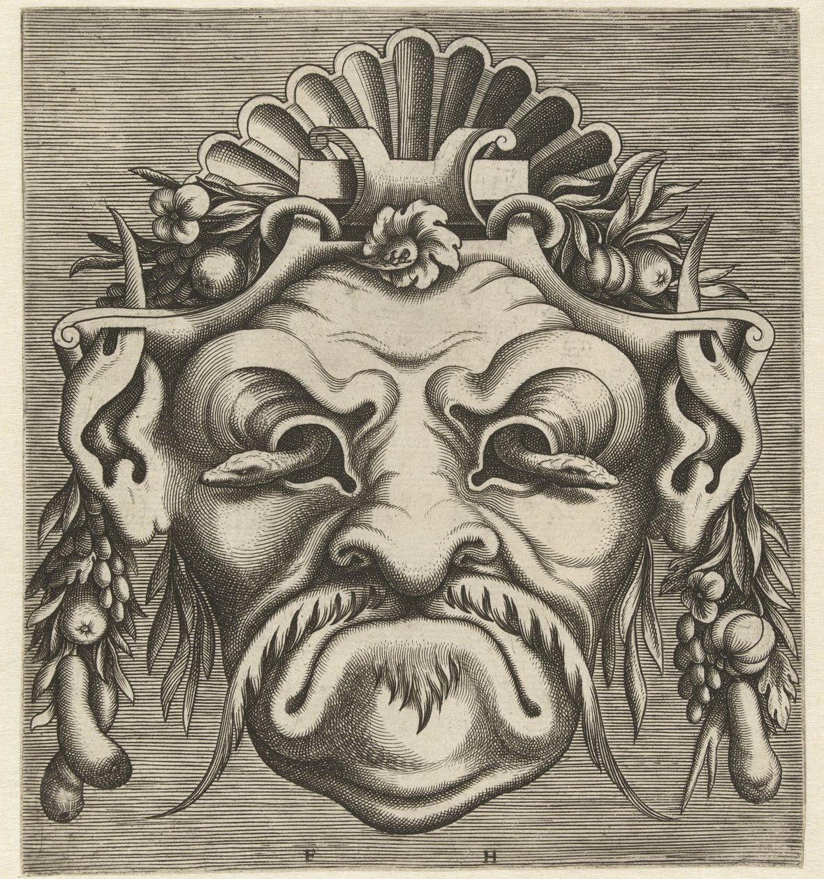 Máscara com duas serpentes olhando para fora das órbitas dos olhos
Pourtraicture ingenieuse de plusieurs facons de masques... (título da série) de Frans Huys