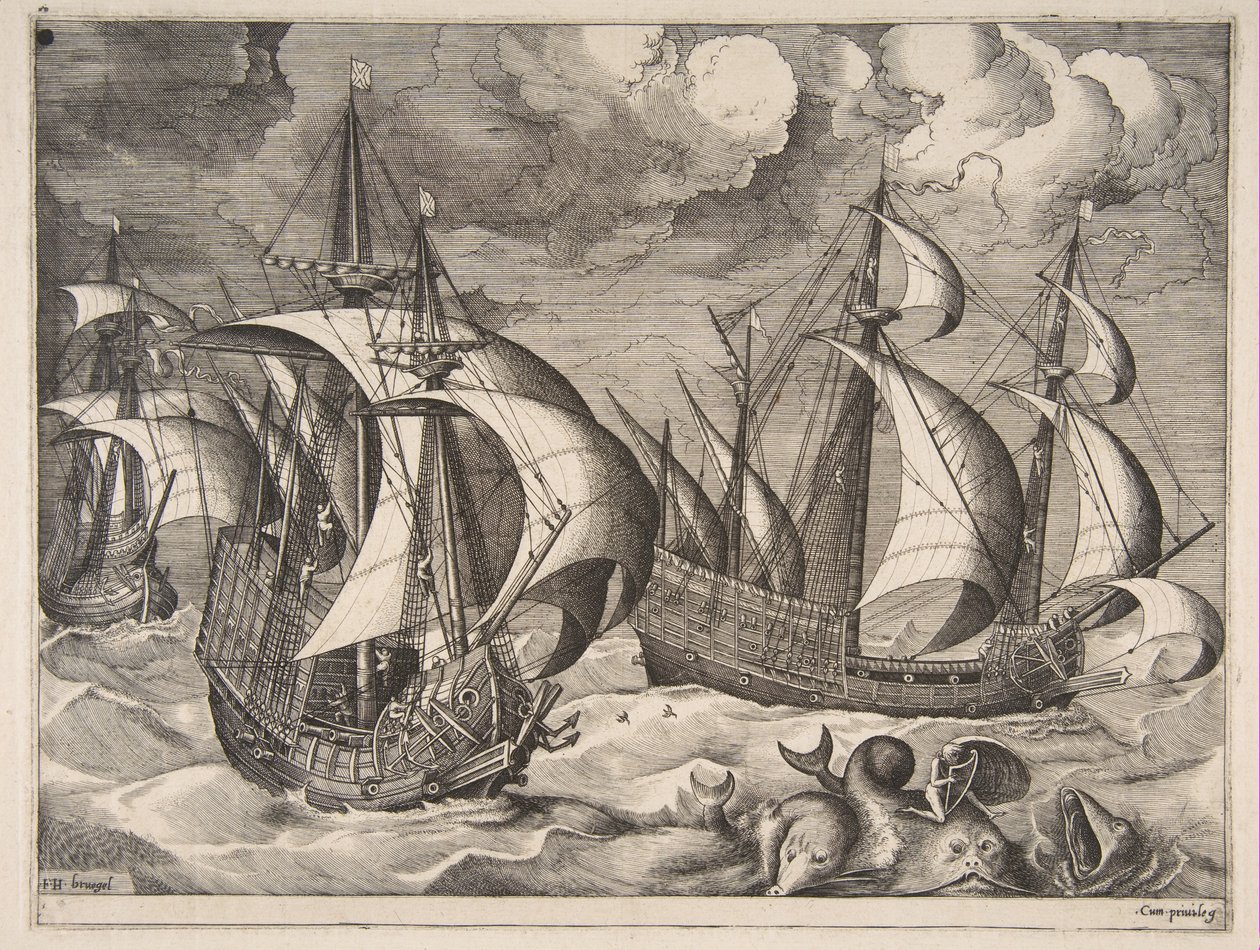 Três caravelas em uma rajada crescente com Arion em um golfinho de The Sailing Vessels, 1561-65. de Frans Huys