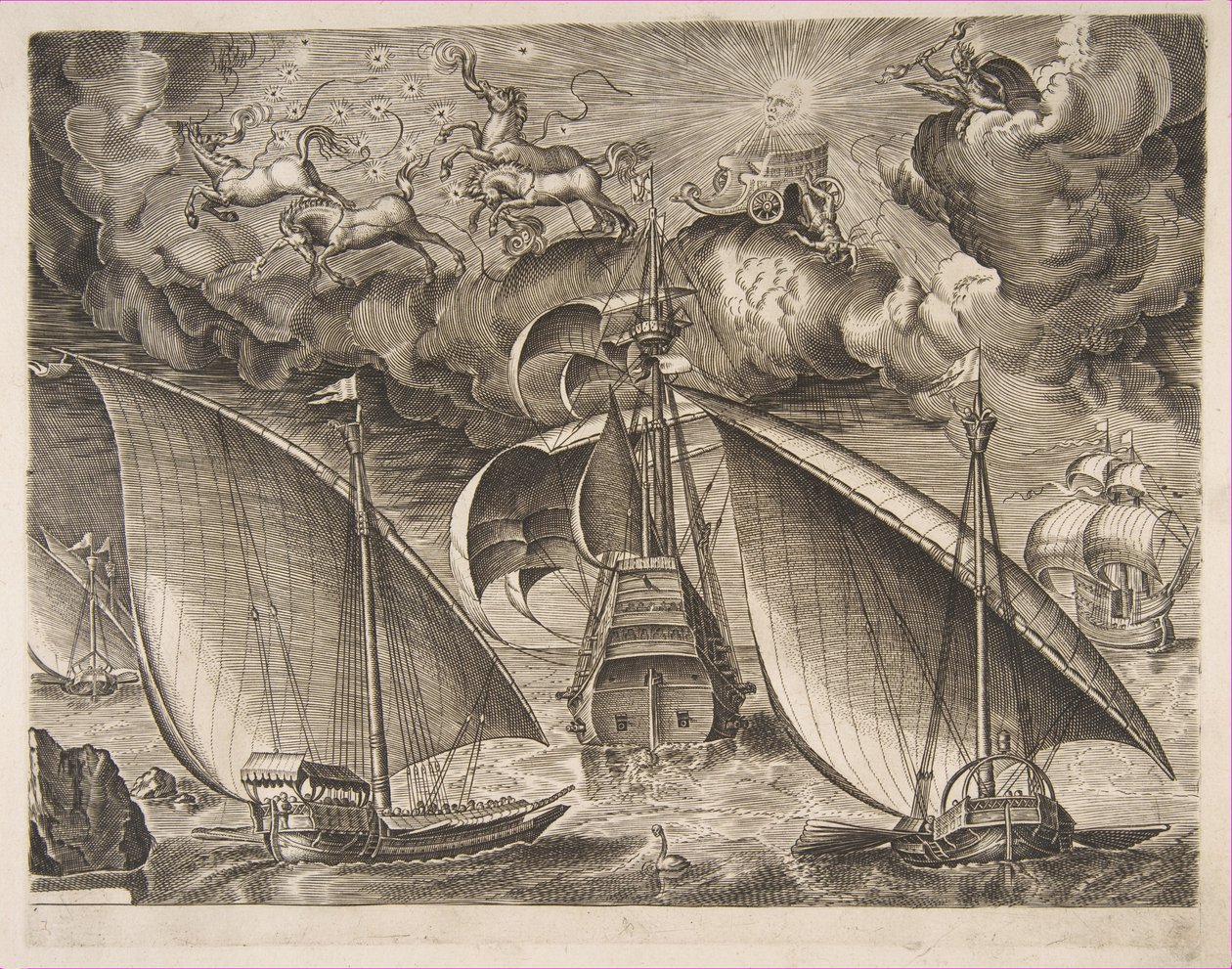 Duas galeras navegando atrás de um três mestres armados com Phaeton e Júpiter no céu, f ..., 1561-65. de Frans Huys