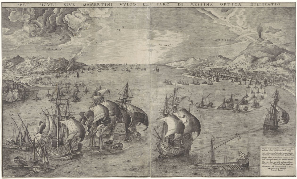 Zeeslag na Straat van Messina Um desenho óptico da costa siculi ou mamertina vulgo e o farol de Messina (título no objeto) de Frans Huys