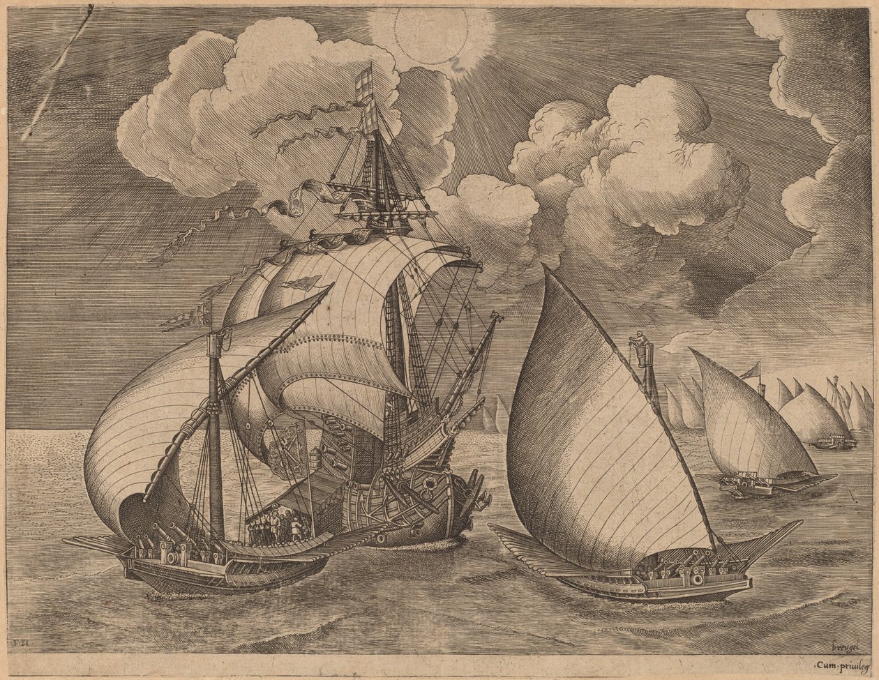 Uma frota de galés escoltada por uma caravela de Frans Huys after Pieter Bruegel the Elder