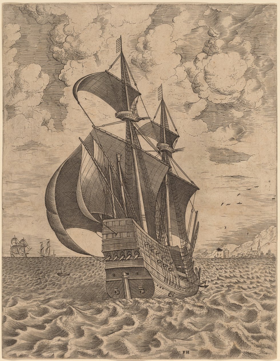 Navegação armada de quatro mestres em direção a um porto de Frans Huys after Pieter Bruegel the Elder