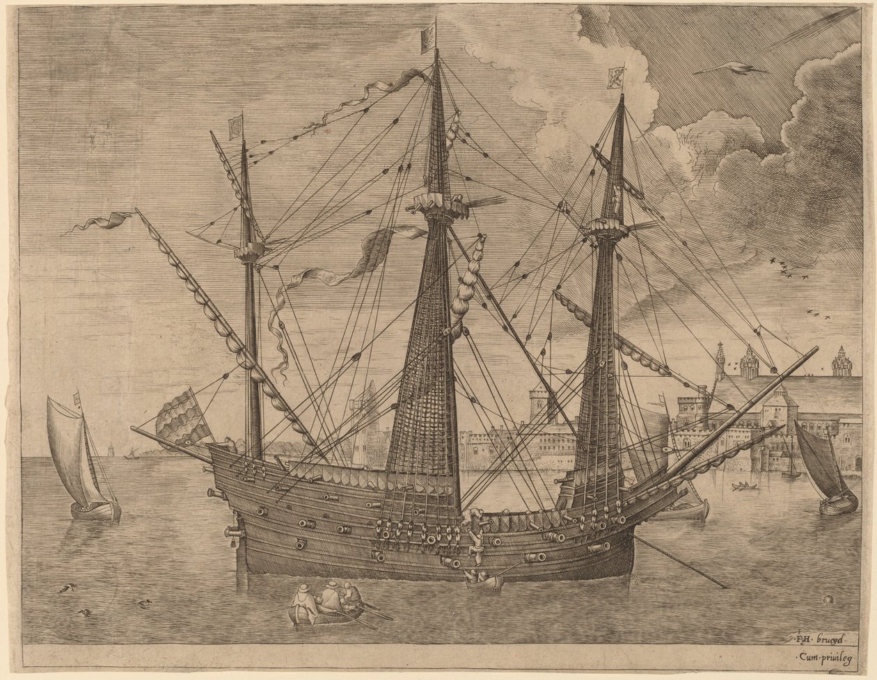 Três Mestres Armados ancorados perto de uma cidade de Frans Huys after Pieter Bruegel the Elder