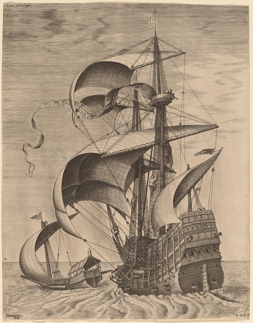 Três-mestres armados em mar aberto, acompanhados por uma galera de Frans Huys after Pieter Bruegel the Elder