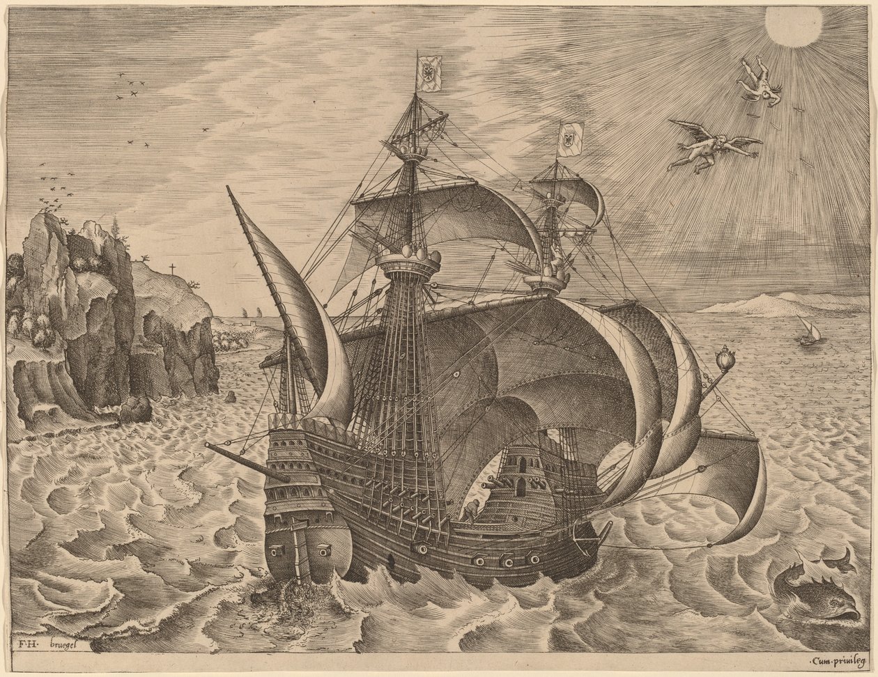 Três Mestres Armados com Dédalo e Ícaro no Céu de Frans Huys after Pieter Bruegel the Elder