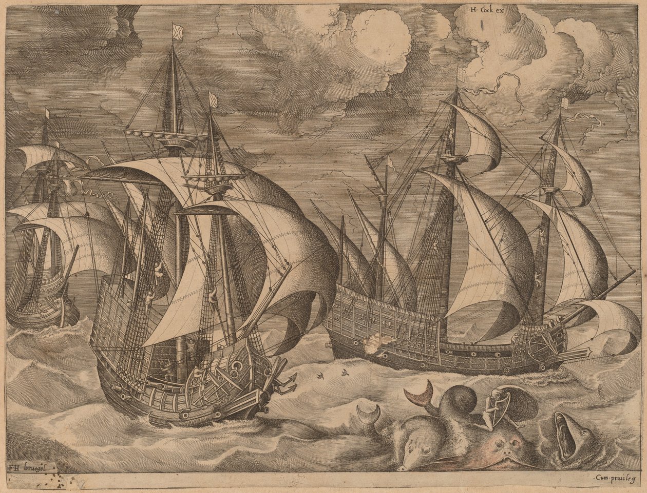 Três caravelas em uma tempestade crescente com Adrion em um golfinho de Frans Huys after Pieter Bruegel the Elder