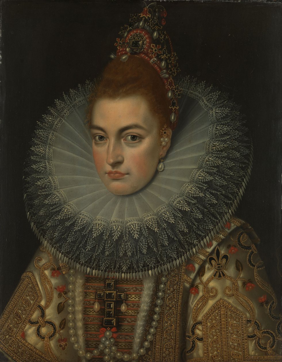 Retrato da Arquiduquesa Isabel Clara Eugénia (1566-1633, Infanta de Espanha, c.1600 (óleo sobre cobre) de Frans II (studio of) Pourbus